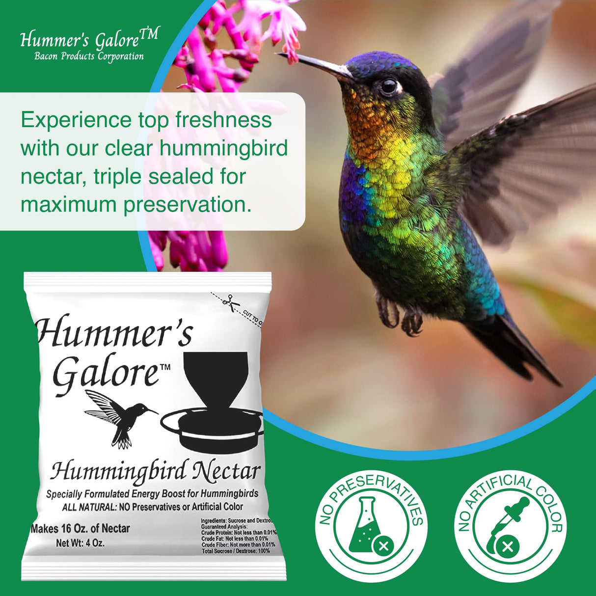 Hummer's Galore Made in USA Hummingbird Food - Ready-to-Mix Hummingbird Nectar, All-Natural Nectar Collector Formula, No Preservatives or Dyes, Makes 64 Ounces (4 Packets Included)