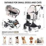 Beberoad Pets T3 Pro 3-in-1 Pet Stroller for Small Dogs & Cats – Foldable, Lightweight with Detachable Carrier, 180° Canopy & Cup Holder (Beige)