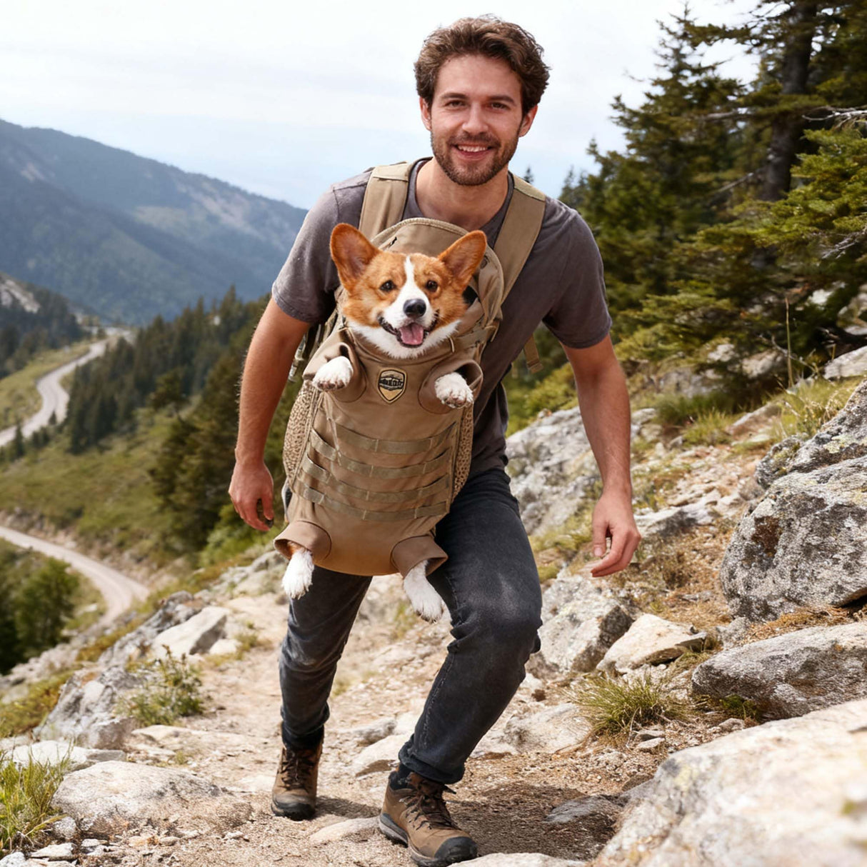 FLAdorepet Dog Carrier Tactical Backpack for Medium Large Dogs,Soft Hands-Free Legs Out Pet Front Cat Dog Carrier Backpack Travel Bag for Outdoor Traveling Hiking Camping (Medium, Khaki)