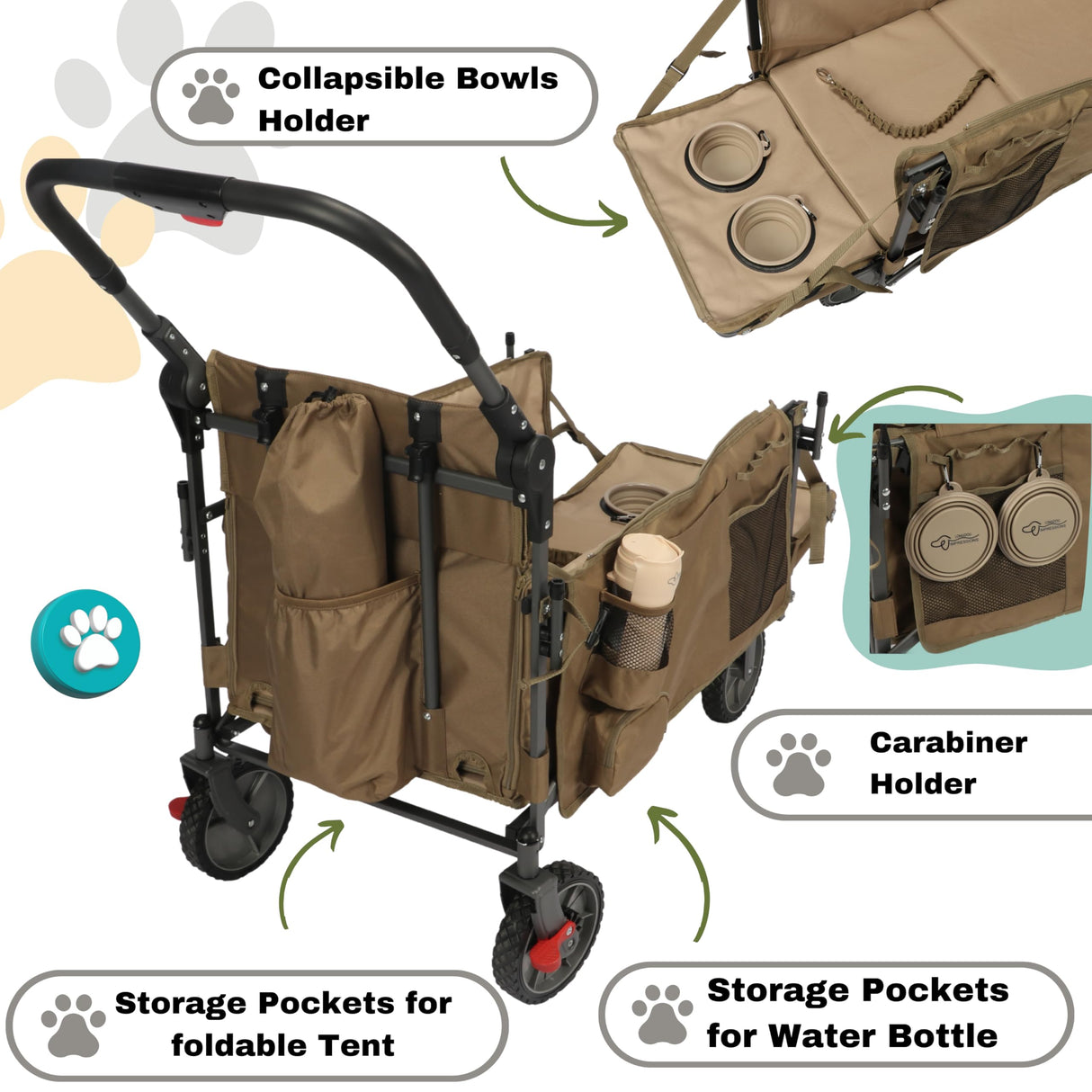 LONGDOG IMPRESSIONS Foldable Pet Wagon Dog Stroller with Removable Fully Zipped Tent, Pet Travel Wagon with Extendable Ramp Built-in Storage Attached Water and Food Station