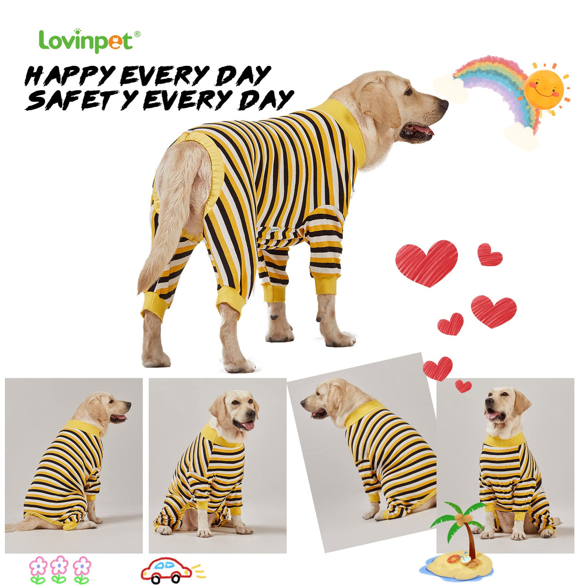 LovinPet Big Dog Pajamas, Cotton Black and Yellow Stripe Dog Shirt, Full Coverage Dog Onesie, Pet Pajamas for Dogs, Stop Shedding for Dogs, Pet PJ's, 3XL