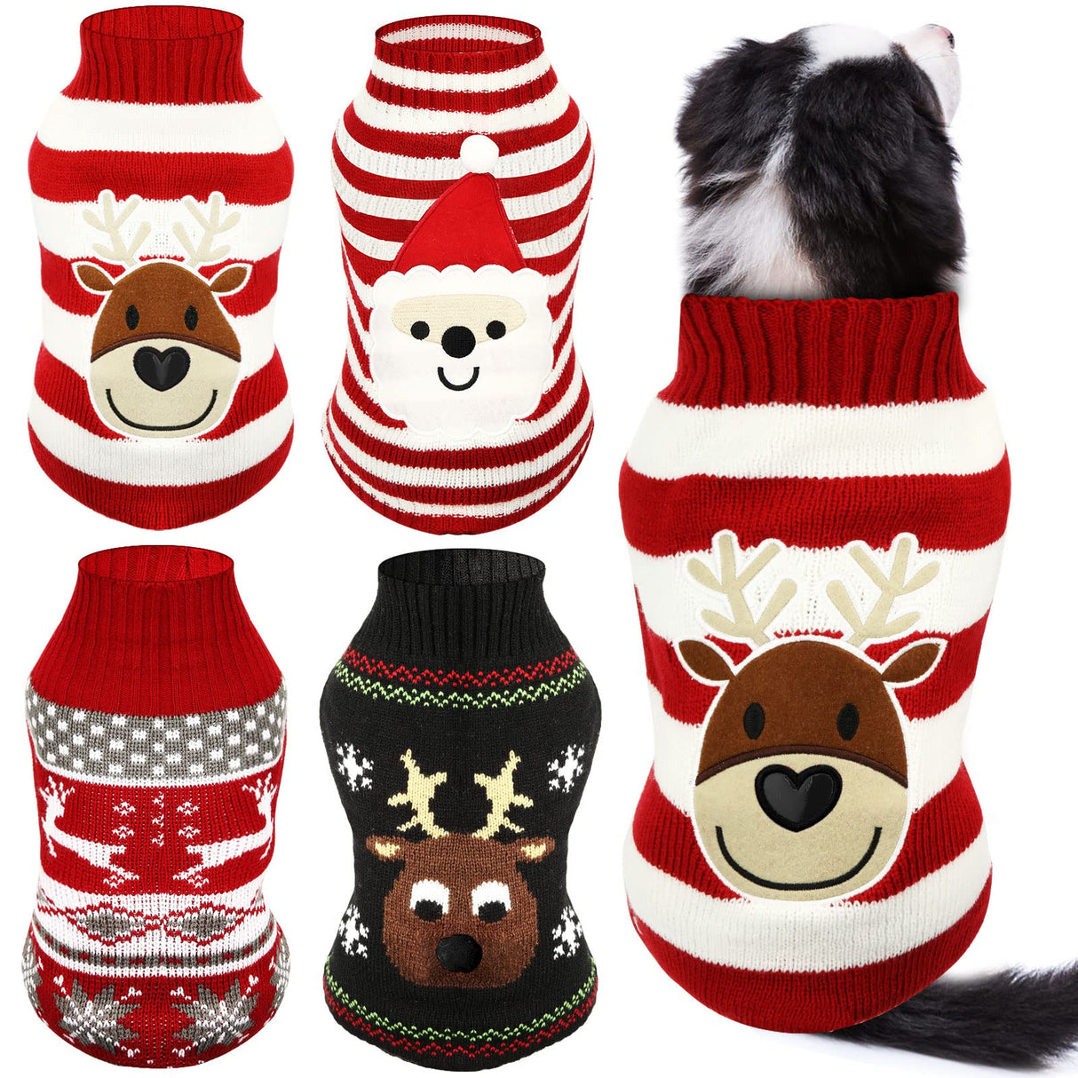 Frienda 4 Pieces Christmas Dog Sweaters Halloween Puppy Holiday Sweaters Santa Reindeer Snowman Snowflake Pumpkin Pet Clothes for Xmas Dog Cat Costume(Cute Pattern,Large)