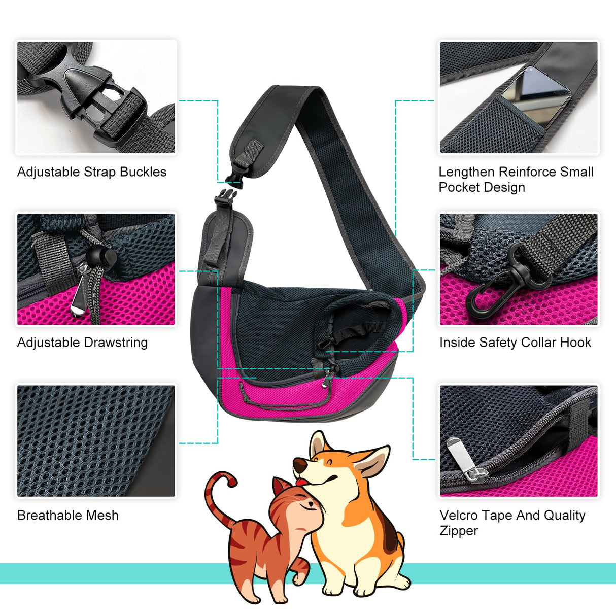 PUCEWMY Small Dog Sling Carrier, Sling Pet Pouch to Wear Medium Dog Cat Travel Breathable, Soft-Sided Crossbody Puppy Carrying Purse Bag, L, Rose