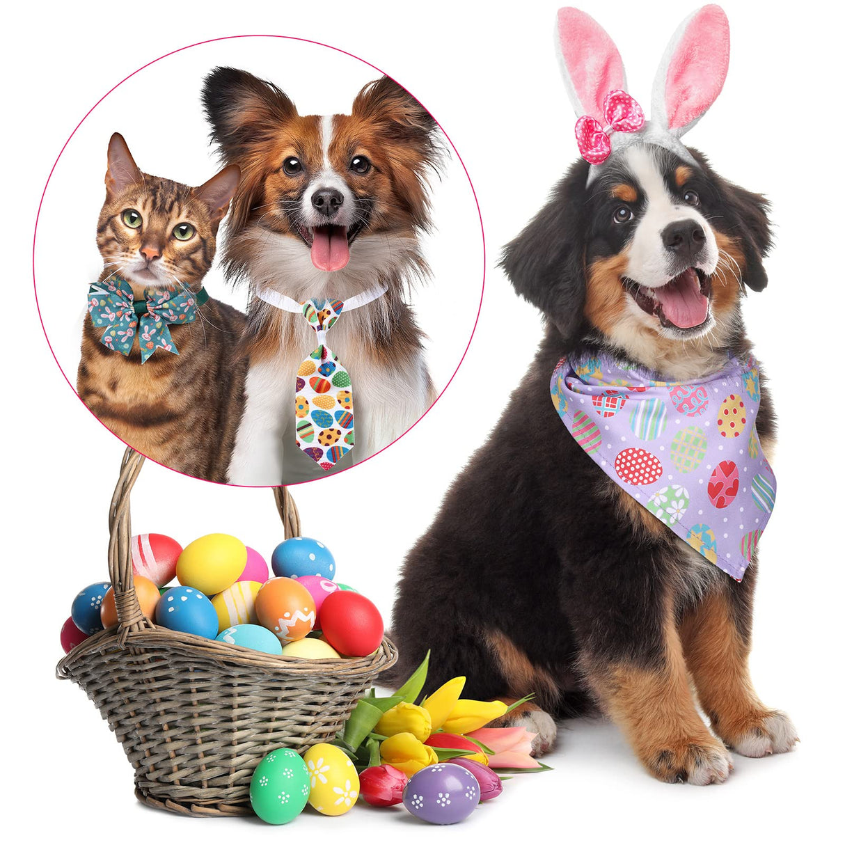 40 Pcs Easter Dog Bow Ties Set 26 Easter Gifts Pet Bowties 10 Pet Ties 4 Puppy Bandanas Dog Grooming Accessories for Bunny Cat Puppy (Egg Style)