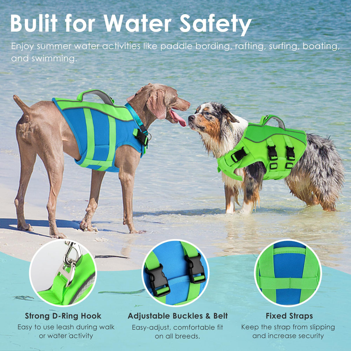 Dog Life Jacket, High Buoyancy Dog Life Vest with Handle for Swimming Boating, Adjustable Swimming Vest with Reflective Trim for Small Medium Large Dogs - Blue & Green, M