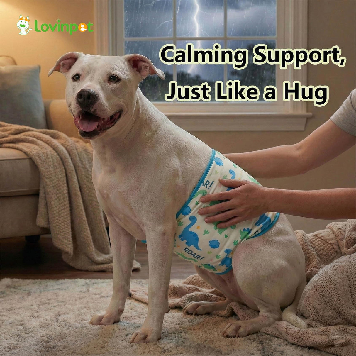 LovinPet 3-Layer Dog Belly Warmer Calming Wrap, Adjustable Abdominal Protector for Medium and Large Dogs, Anti-Chafe Moisture Barrier, Memory-Foam Core + Mesh Lining, Dinosaur Print,White