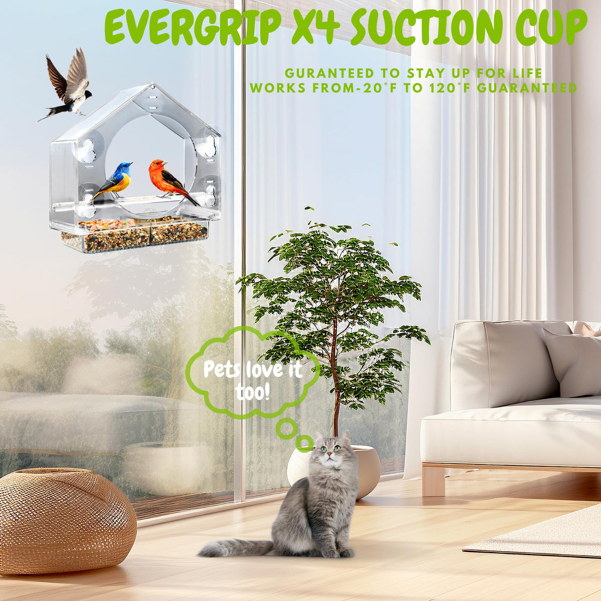 Window Bird Feeder with 4 Super Strong Suction Cups for Cat Elderly Kids,Large Clear Bird House with Detachable Seed Tray&Drainage Holes,Bird Feeder Window for Outside Viewing Wild Birdsy.