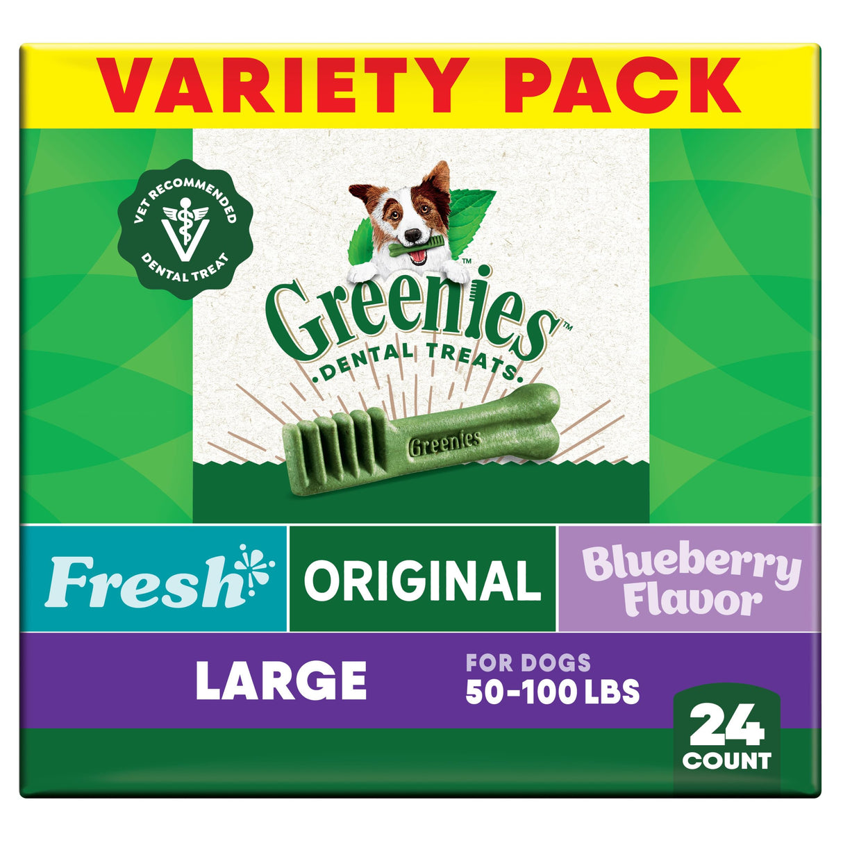 Greenies Veterinarian-Recommended Adult Natural Dental Dog Treats Large Size, Fresh Flavor, Original Flavor, and Blueberry Flavor, (3) 12 oz. Packs, 24 Count