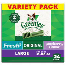Load image into Gallery viewer, Greenies Veterinarian-Recommended Adult Natural Dental Dog Treats Large Size, Fresh Flavor, Original Flavor, and Blueberry Flavor, (3) 12 oz. Packs, 24 Count
