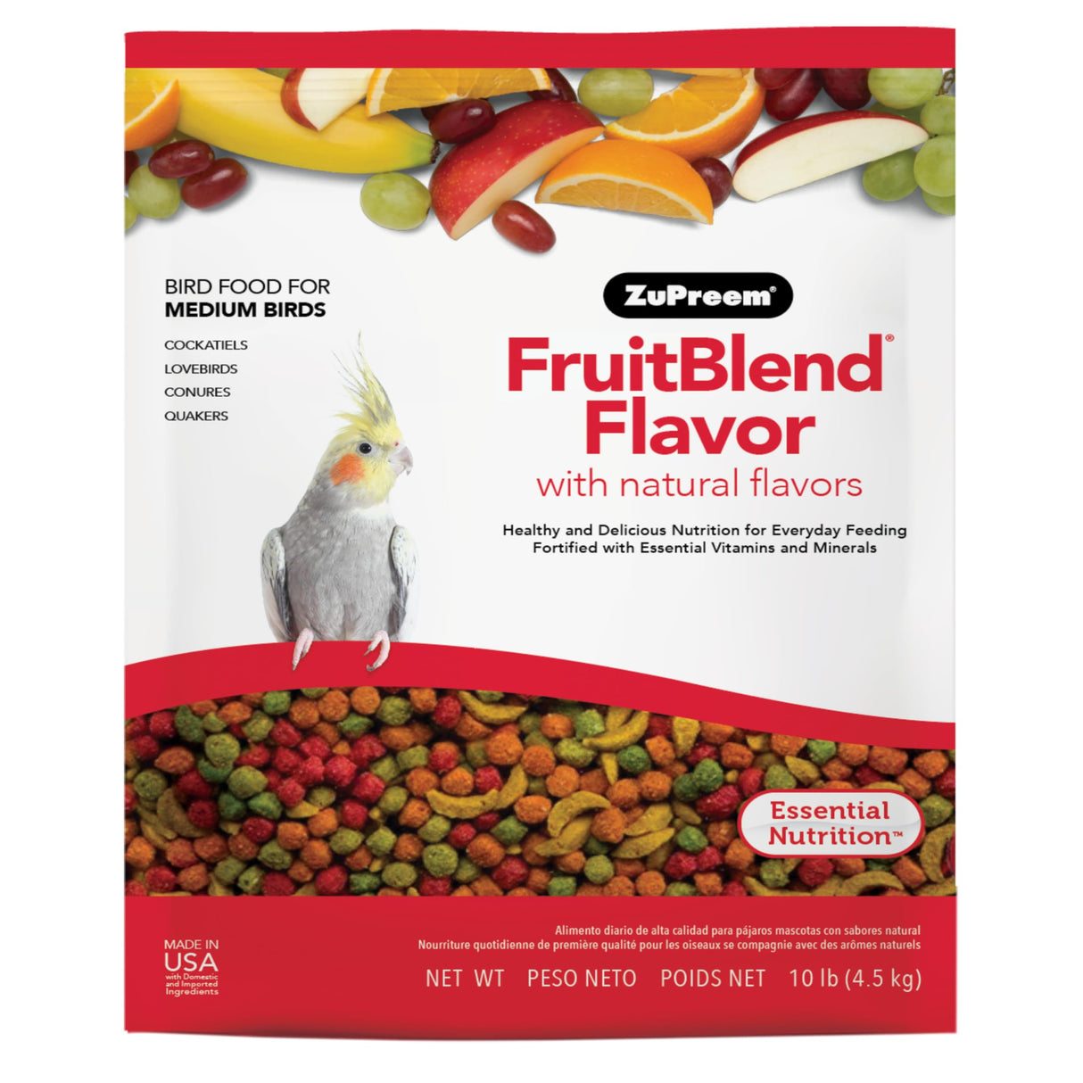 ZuPreem FruitBlend Bird Food, Bird Feed Pellets for Cockatiel, Lovebird, Quaker, Small Conure, Lorikeet, ZuPreem Core Nutrition with Natural Fruit, Cockatiel Food, Conure Feed, (Medium, 10 lb Bag)