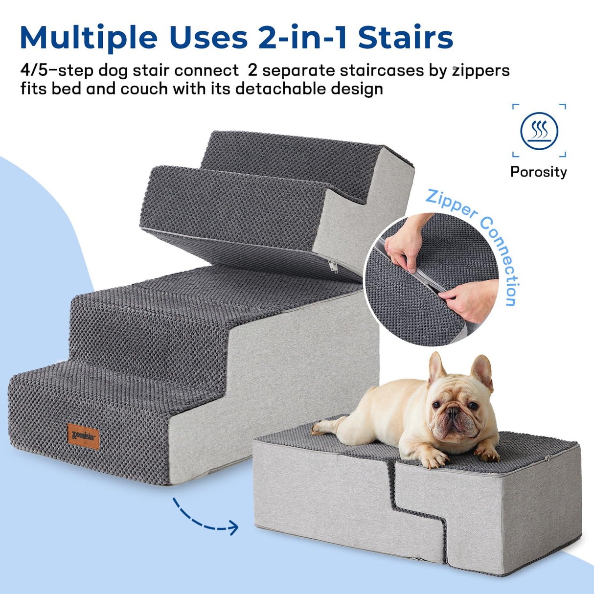 ZOMISIA Dog Stairs for Small Dogs - Pet Stairs 2 in 1 with Zippers Suitable for Couch and Bed, 35D Foam Dog Steps with Non Slip Bottom Grey 4 Steps, Beige