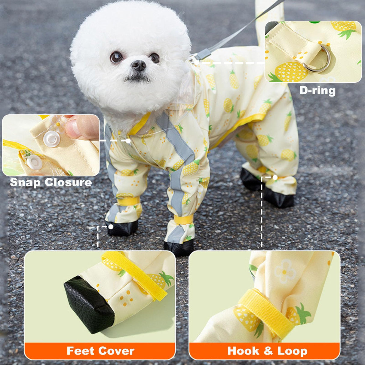 Junchl Small Dog Raincoat Rainboots with D-Ring, Full Coverage Dog Rain Jacket Slicker Poncho, Waterproof Dog Rain Jacket with Reflective Strip, Rainboot, Tail Cover Pineapple 2XL