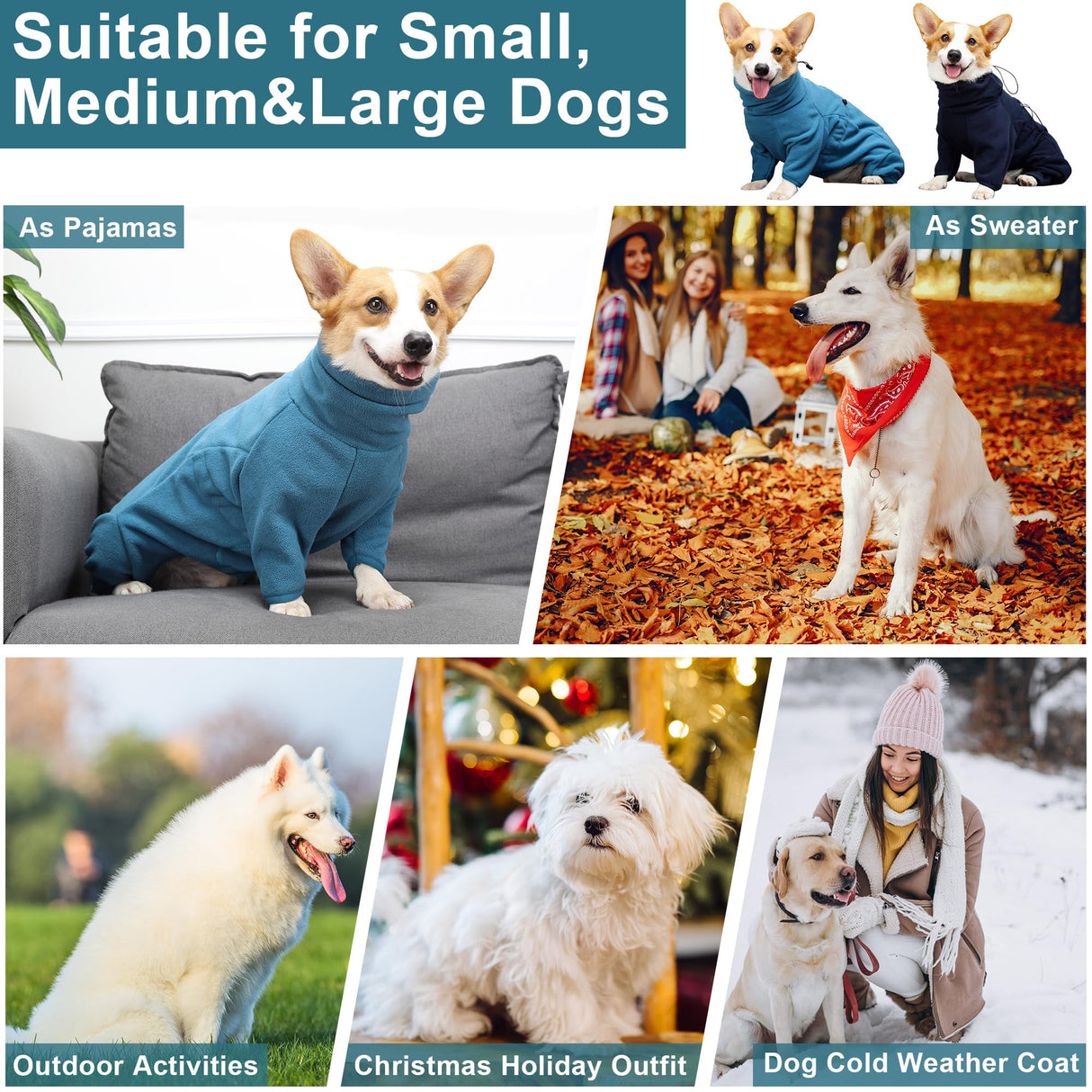 TARFEPA Dog Winter Coat, Polar Fleece Pullover Jumpsuit, Dog Sweatshirt Jacket, Fullbody Pajamas Onesie for Small Medium Large Dogs Hiking Walking Sleep, Turquoise M