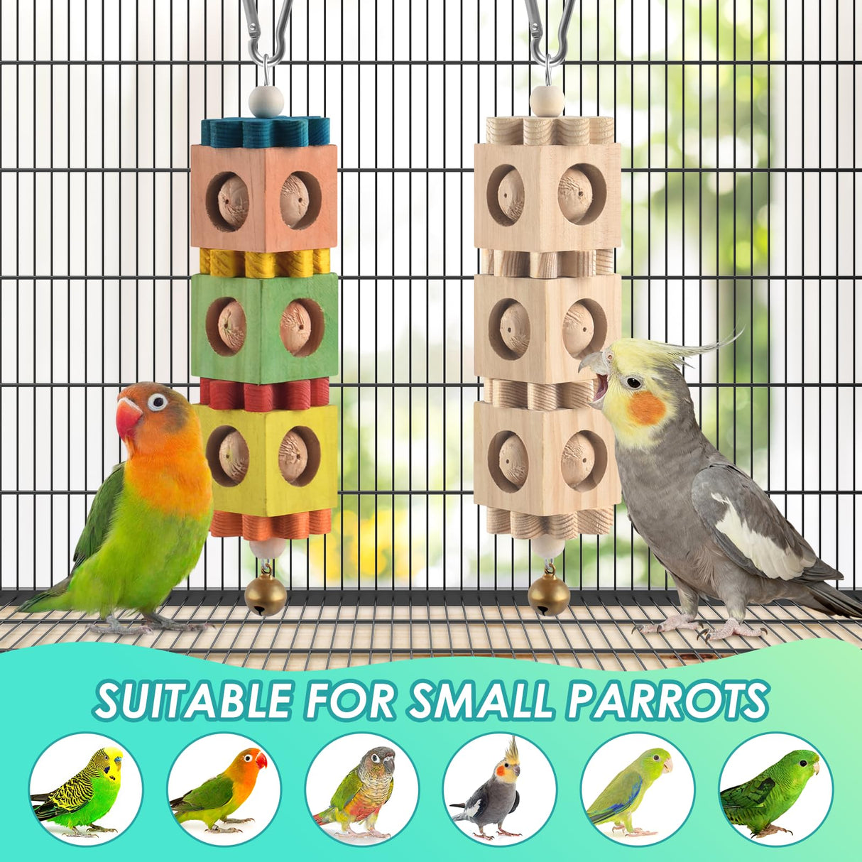 DBNESS 2Pcs Bird Chew Toys for Beak Grinding, Hanging Rotating Wood Block with Bell Parrot Foraging Enrichment Toy for Small to Medium Cocktiel, Conure, Caique