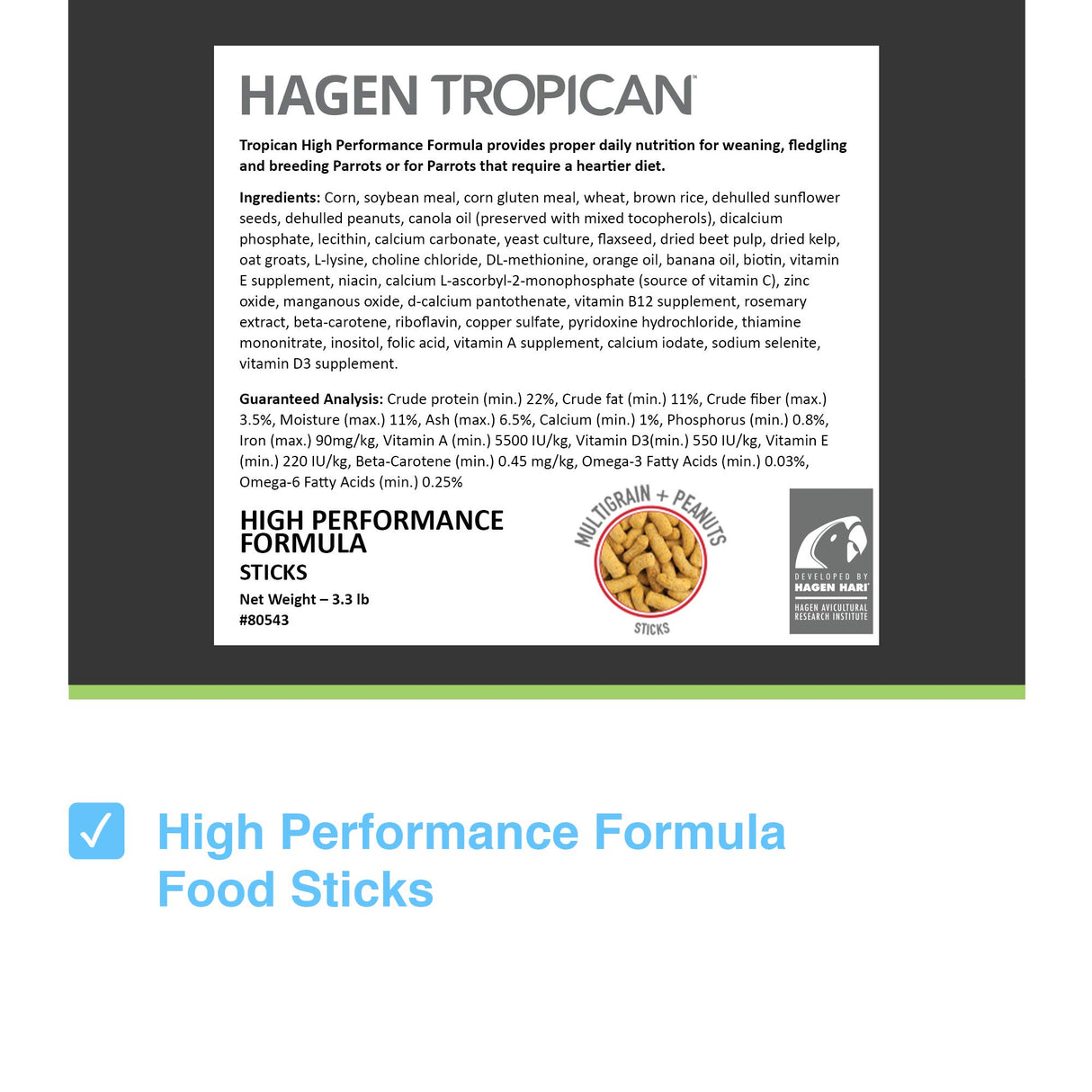 Hagen Tropican High Performance Parrot Food, 3.3 ib. - Hari Parrot Sticks with Peanuts & Sunflower Seeds and Higher Nutrition Levels
