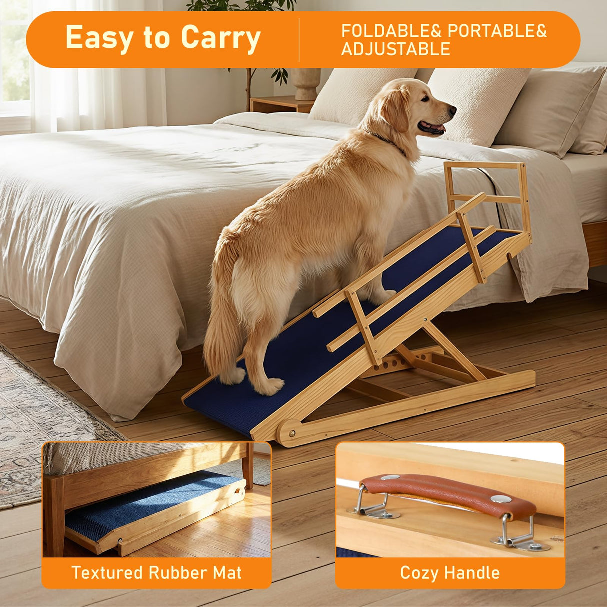 Dog Ramp - 7 Adjustable Heights, Portable with Leather Handle, Anti-Slip Design for Beds, Couches & Cars - Perfect for Small & Large Dogs
