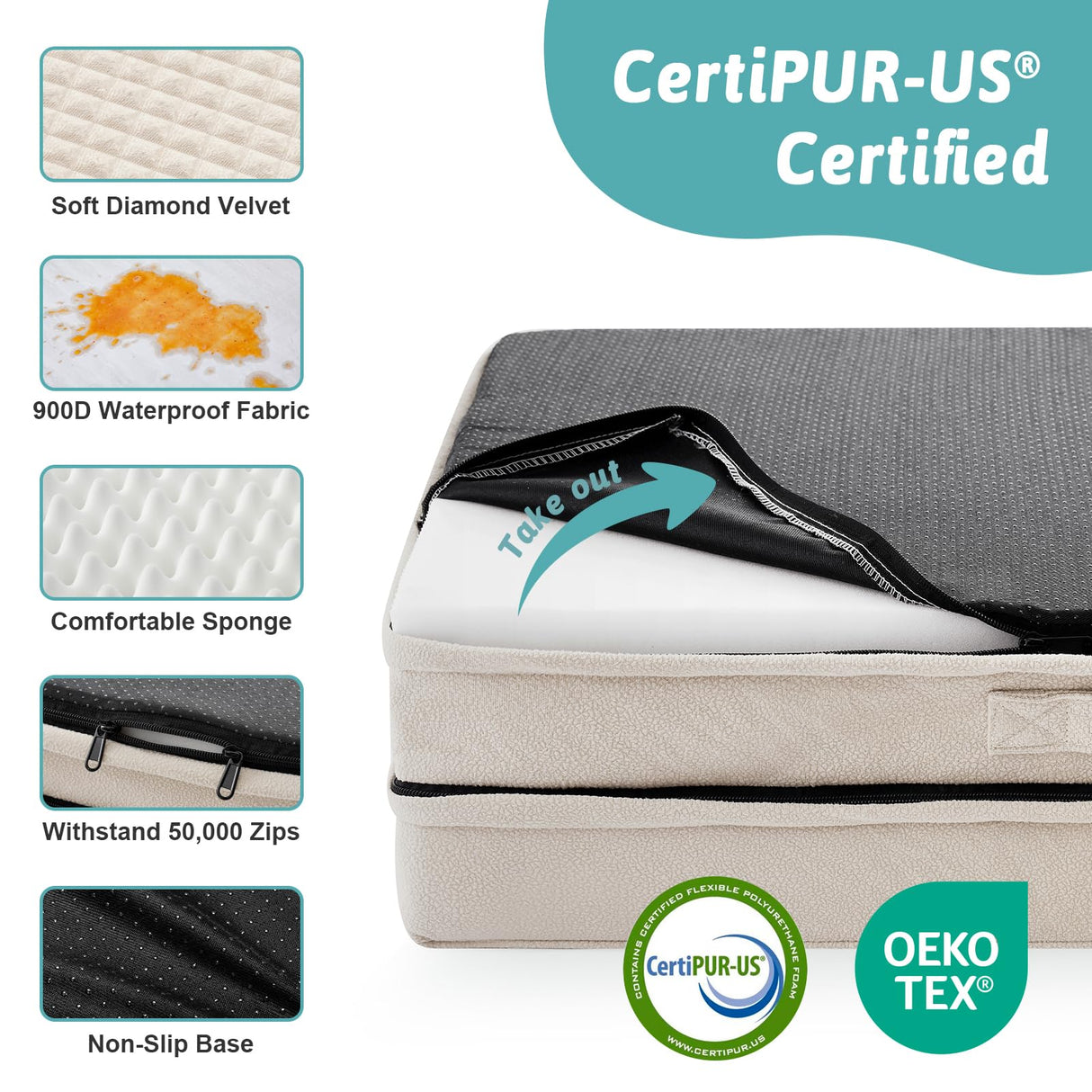 COZY KISS Orthopedic Dog Bed for Small Medium Size Dogs, Bolster Pet Couch with Waterproof Lining, Egg Crate Foam Sofa for Pets Up to 30 lbs, U-Shaped, 30x20x6.5 inch, Beige
