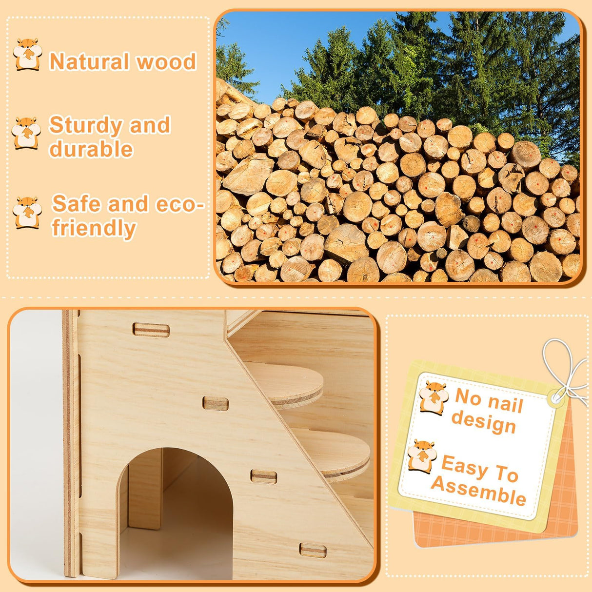 PETKNOWS 2 Pack Hamster Houses and Hideouts, Easy to Assemble Wooden Hamster Castle Small Animal House Bed with Stairs
