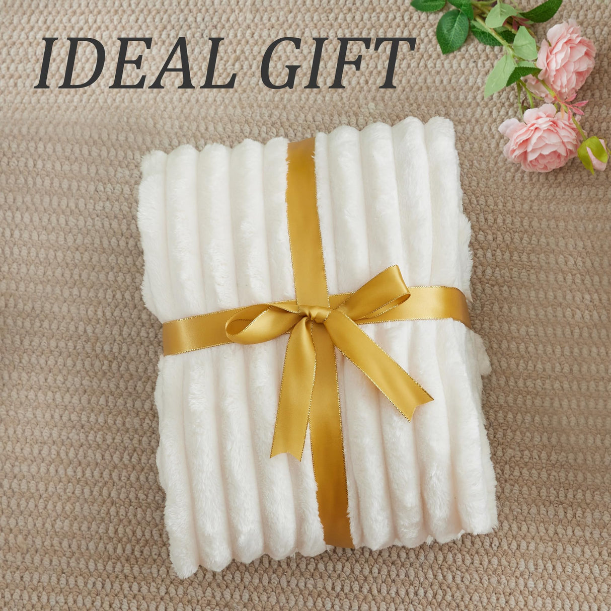 Fleece Throw Blanket for Couch - 300GSM Soft & Warm Fluffy Cream White Blanket, Decorative and Giftable Striped Blankets for Women, Men, 50"x60"