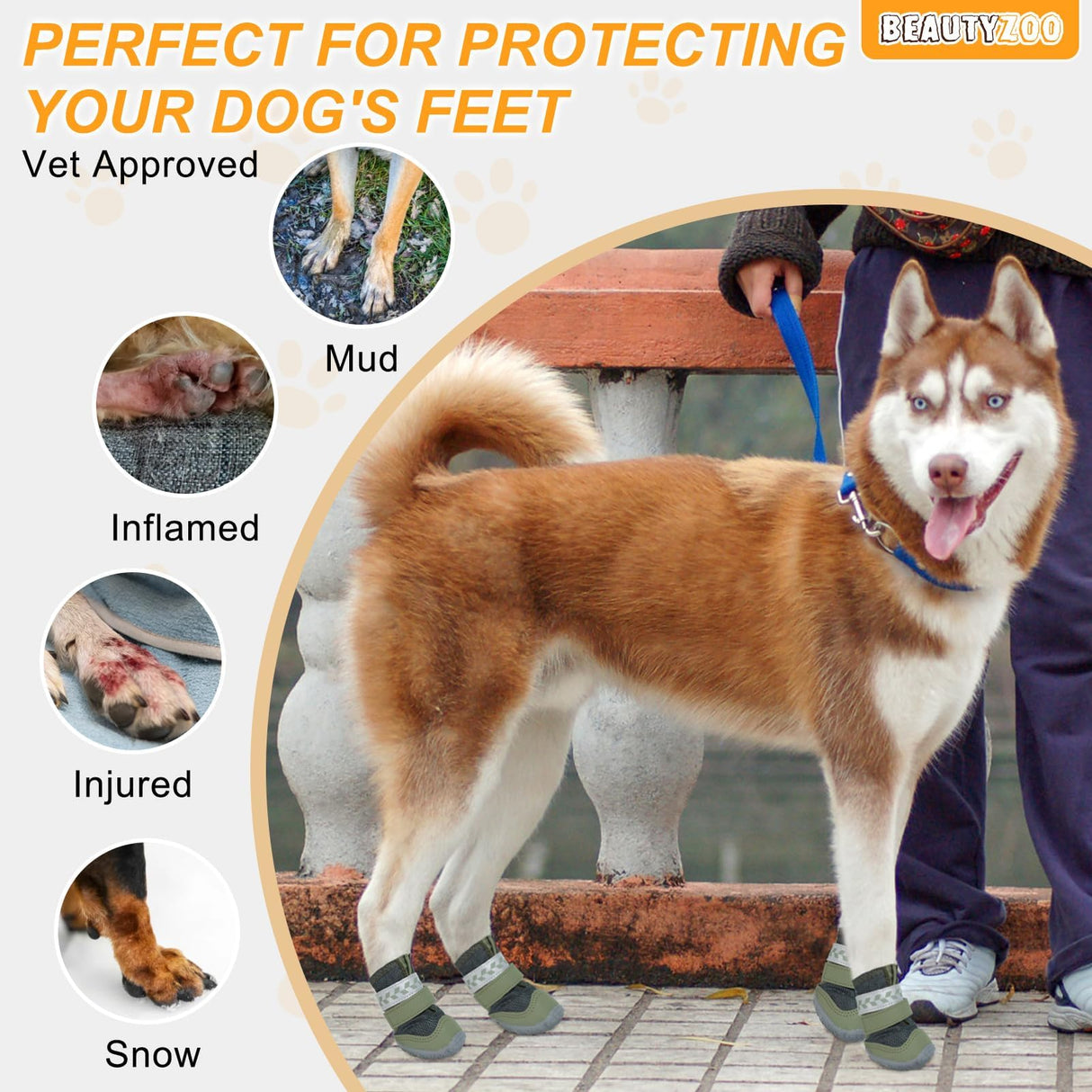 BEAUTYZOO Waterproof Dog Shoes for Winter Cold Weather, Anti Slip Dog Boots for Medium Large Senior Dogs, Breathable Dog Booties and Paw Protectors to Prevent Licking, 4PCS Doggie Hiking Boots