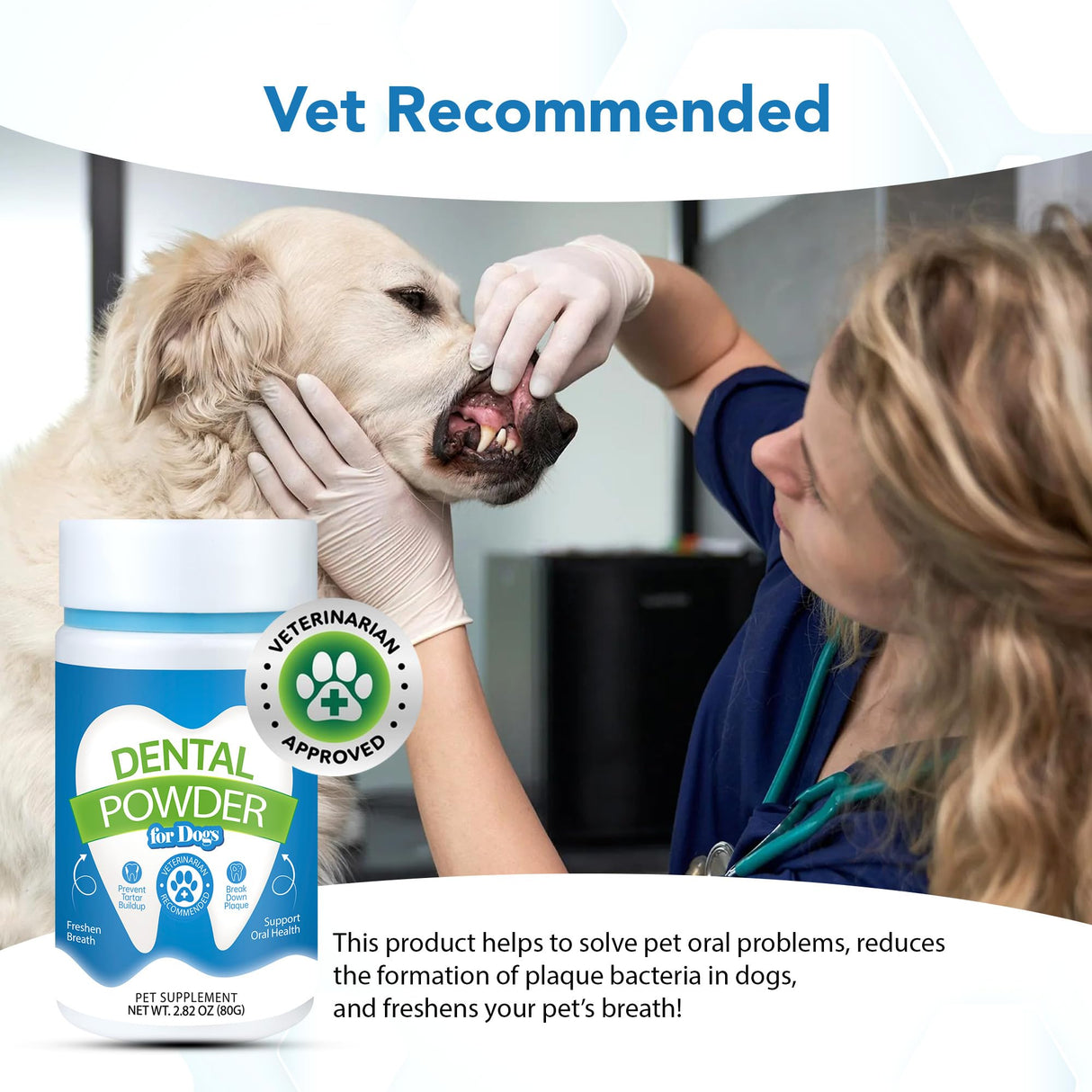 Spanielbuns Dental Powder for Dogs - Plaque Control & Tartar Remover, Breath Freshener with Probiotics, Vitamins & Natural Extracts - Perio Support Powder for Dogs, 2.82 oz (80g)