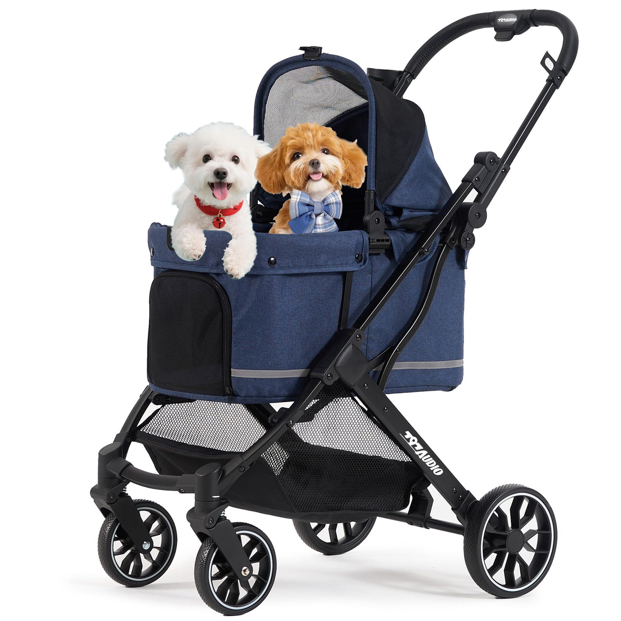 797Audio Dog Stroller for Small Medium Dogs, Pet Stroller for Cats Puppy Up to 121lbs,Foldable,One Click Folding,4 Wheel Shock Absorption,Adjustable Canopy with Sun Shades,Removable Washable Pad(Blue)