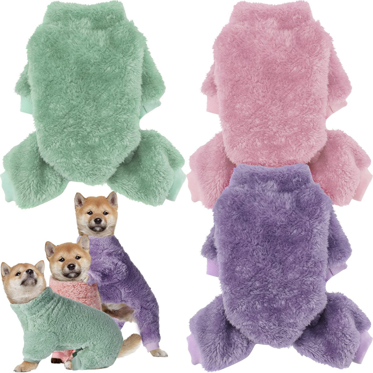 Reginary 3 Pieces Dog Pajamas Puppy Clothes Winter Coats Elastic Pajamas for Puppy Fluffy Jumpsuit Fleece Sweater for 4 Legs Dog Bodysuit(Small,Pink, Purple, Green)