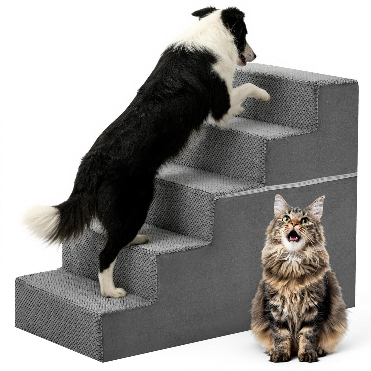 DUMOS Dog Stairs for Medium Dogs, 5-Steps Non-Slip Balanced Extra Wide Indoor Foldable Dog Steps with Density Foam & Washable Cover, Cat Puppy Old Pet Stairs for High Bed, Couch, Sofa - Grey, 27" H