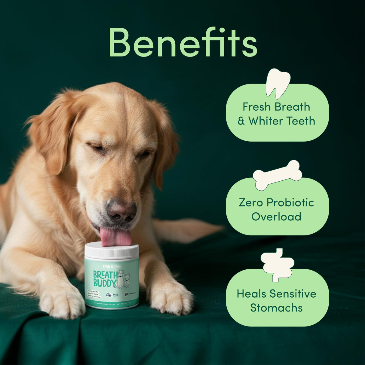 Fifth & Fido Breath Buddy Dog Dental Powder for Fresher Breath & Cleaner Teeth, Cat & Dog Teeth Cleaning Powder, Removes Plaque, Gentle Formula for Sensitive Stomachs, Natural Ingredients, USA Made