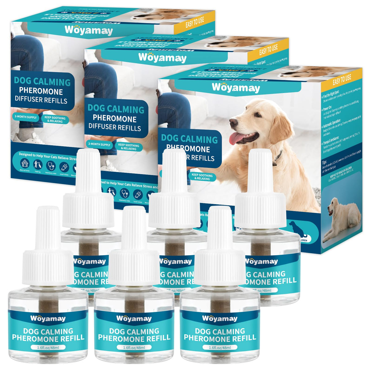 Woyamay Dog Calming Diffuser Refills - 6 Pack Dog Pheromones Calming Diffuser for Dog Anxiety Relief, Dog Pheromone Diffuser, 180 Days Pheromone Diffuser to Calm Dogs, Fits All Common Diffuser Heads