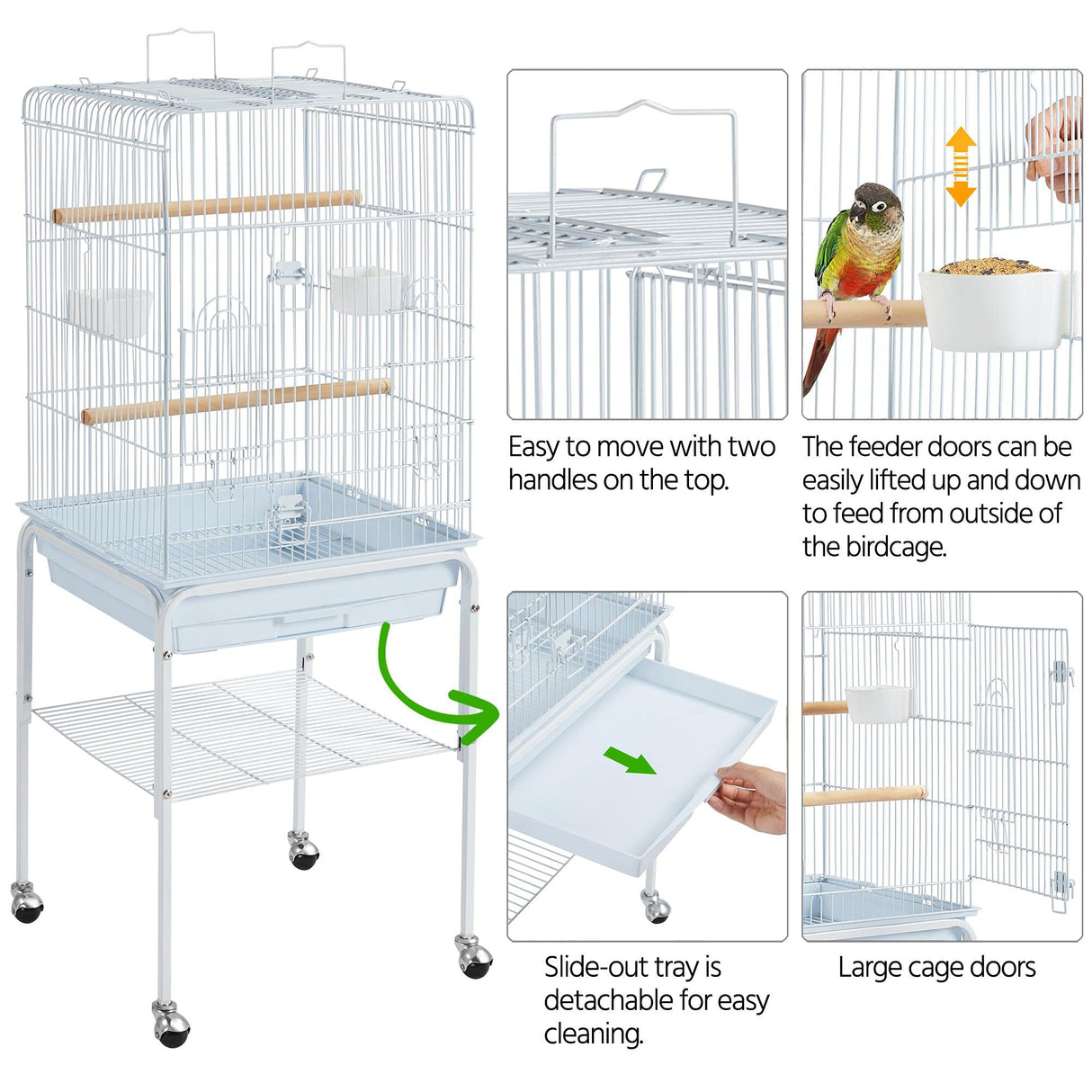 Yaheetech Play Open Top Parrot Bird Cages for Sun Parakeet Cockatiel Green Cheek Conure Lovebird w/Detachable Rolling Stand, White