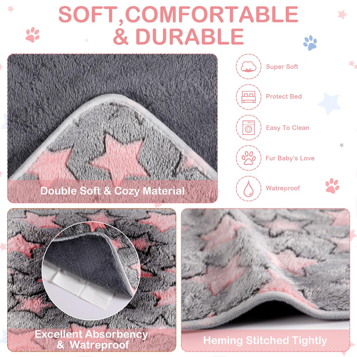 Reginary 4 Pcs Waterproof Guinea Pig Blankets Washable Small Animal Fleece Bedding Guinea Pig Cage Liners Reusable Training Pads Pet Pee Pad Sleep Mat for Hamster(Cute Star Pattern,24 x 16 Inch)