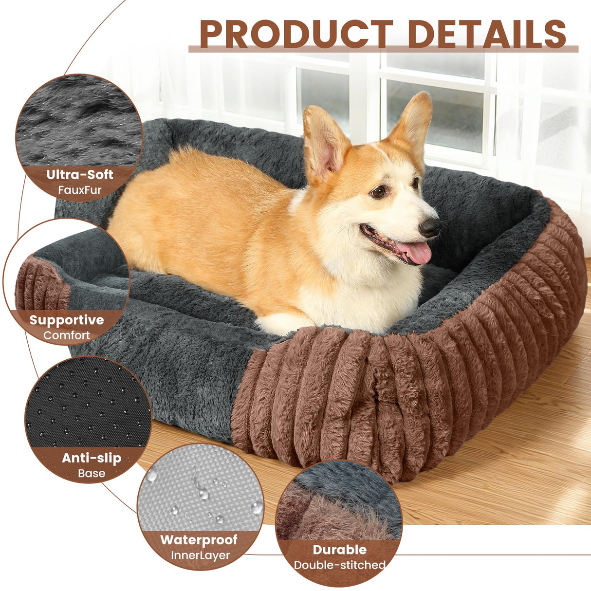 Dog Beds for Medium Dogs 32x24 Inch, Comfort-Sided Orthopedic Dog Bed Couch with Breathable Shredded Memory Foam, Faux Rabbit Fur Pet Bed, Non-Detachable, Non-Slip, Machine Washable