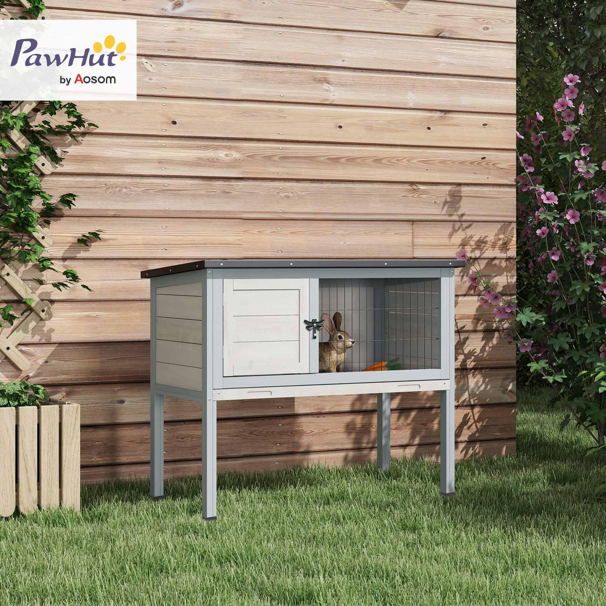 PawHut Elevated Wooden Rabbit Hutch, Indoor/Outdoor Bunny Cage with Hinged Asphalt Roof and Removable Tray for Guinea Pig, Light Gray