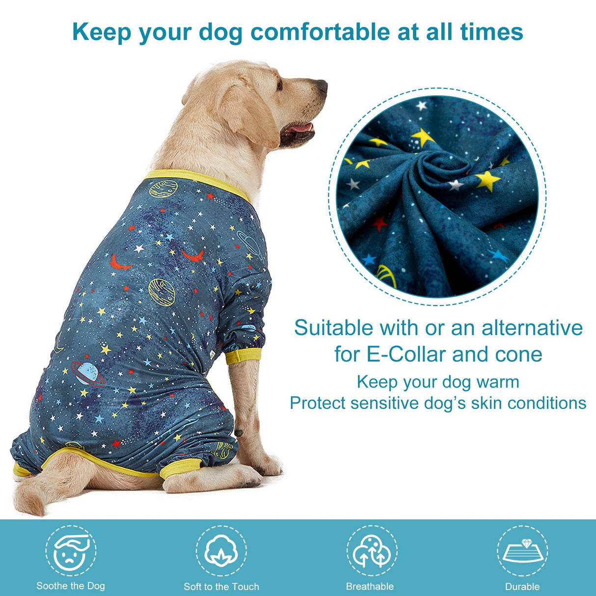 LovinPet Large Dog Surgery Recovery Shirt, Undershirt for Dog Coats, Anti Licking, Pitbull Clothes, Pet Anxiety Onesies, Navy Space Print, Pet Pajamas for Dogs, Pitbull Onesie, 2XL
