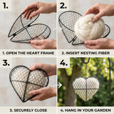 Esamar Handmade Alpaca Fiber Bird Nesting Heart - Refillable Bird Nesting Material Holder & Garden Decor - Alpaca Wool for Bird Nesting Dispenser & Nesting Material for Wild Birds Station (Black)