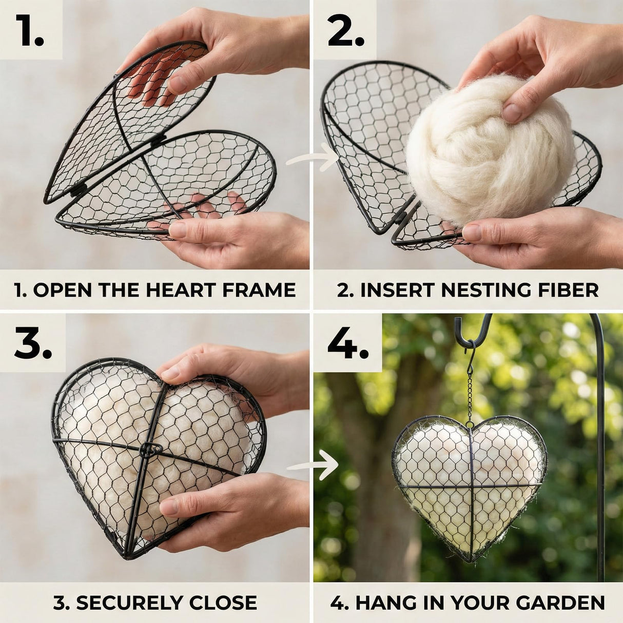 Esamar Handmade Alpaca Fiber Bird Nesting Heart - Refillable Bird Nesting Material Holder & Garden Decor - Alpaca Wool for Bird Nesting Dispenser & Nesting Material for Wild Birds Station (Black)