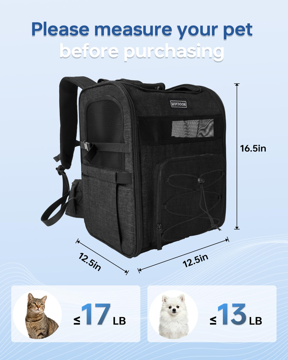 Hiking Dog Carrier Backpack, Adjustable Waist Cushioning Belt with Breathable Padded Back Support, Dog Carrier for Hiking with 5 Pockets, Dog Carrier Backpack for Small Dogs Max 13LB Black