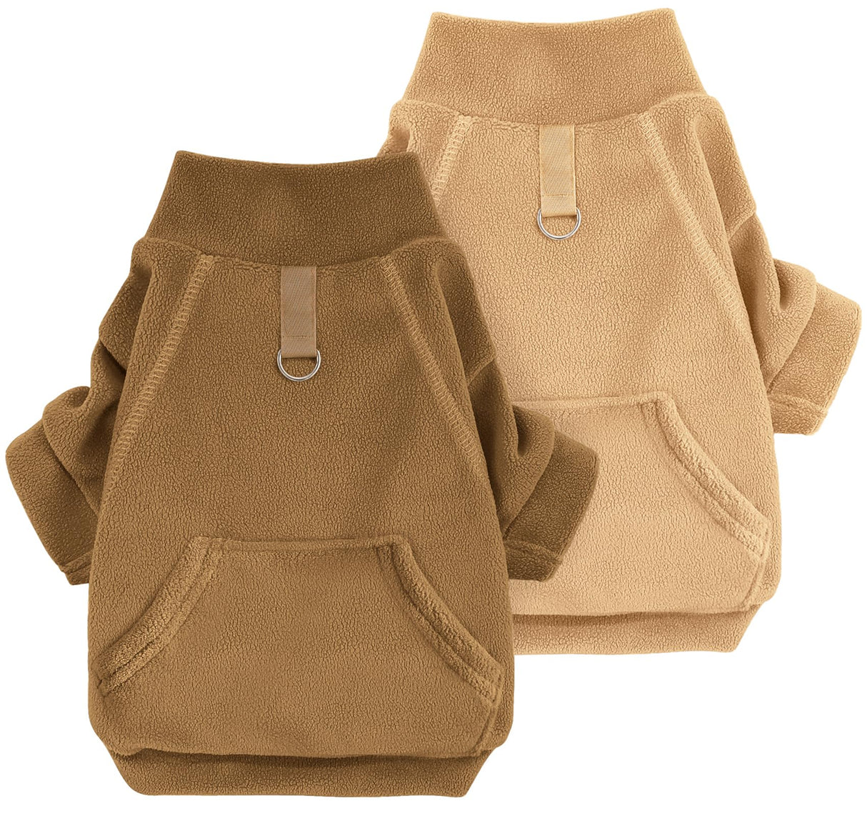 Idepet Fleece Dog Sweater 2 Pack, Winter Pet Clothes Turtleneck Sweatshirt with Leash Ring, Stretchy Small Dog & Cat Coat with Pocket (Khaki+Brown, XL)