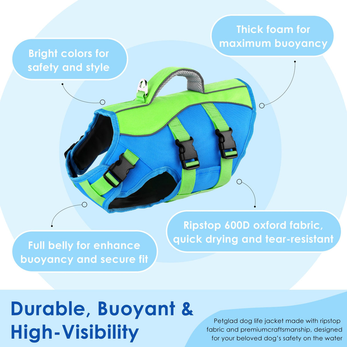 Dog Life Jacket, High Buoyancy Dog Life Vest with Handle for Swimming Boating, Adjustable Swimming Vest with Reflective Trim for Small Medium Large Dogs - Blue & Green, M