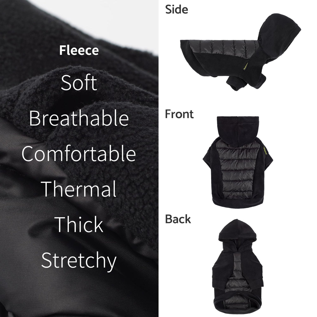 Fitwarm Quilted Fleece Dog Hoodie, Warm Coat, Winter Clothes for Small Dogs Boy Girl, Lightweight Pet Hooded Outfit, Black, XXL