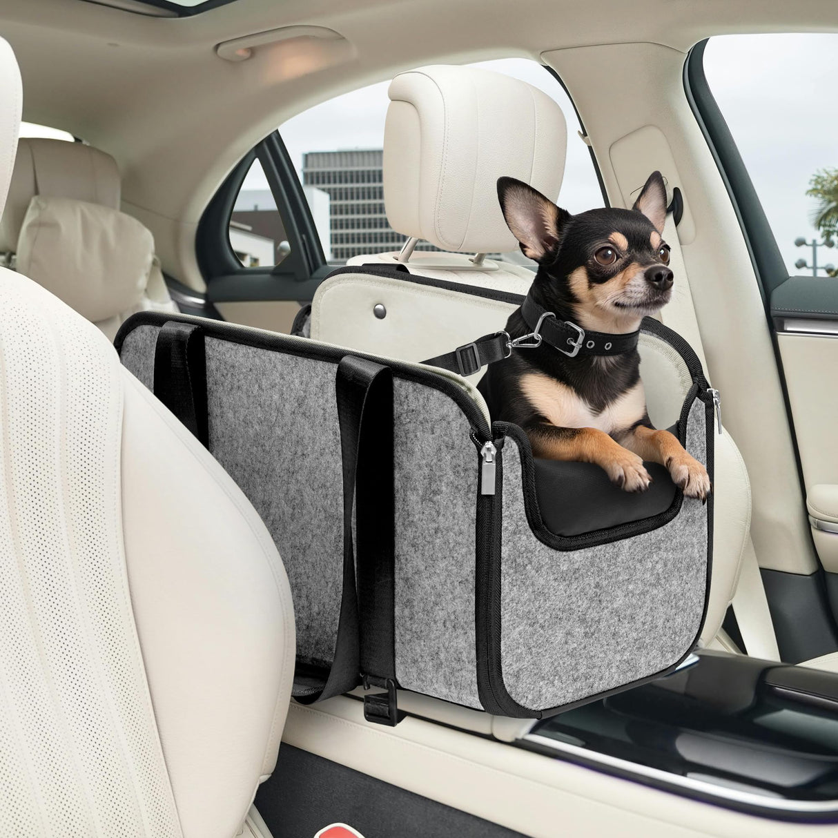 YUDODO Large Console Dog Car Seat (Width＞9in) Fits 0-18lbs, Anti-Slip Puppy Cat Travel Portable Booster Seat, Portable Pet Car Bed Carseat Dual Front & Rear Pillow Gray