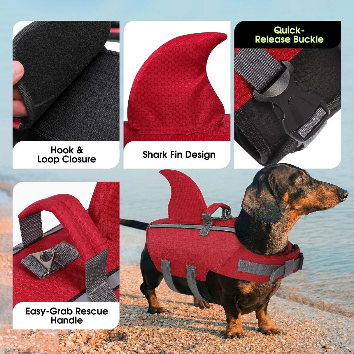 SUNFURA Dog Life Jacket Shark Life Vest for Dogs, Adjustable Swmming Vest with High Buoyancy, Safety Lifesaver with Rescue Handle for French Bulldog Small Medium Breeds, Burgundy XS