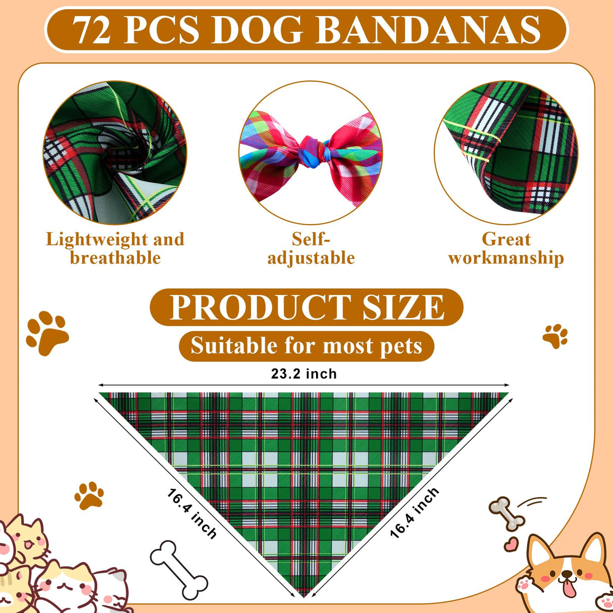 Bunnycool 72 Pcs Plaid Dog Bandanas Bulk Triangle Scarf Cat Bibs Puppy Scarf Stripe Bandanas for Puppy Cat Birthday Party Costume