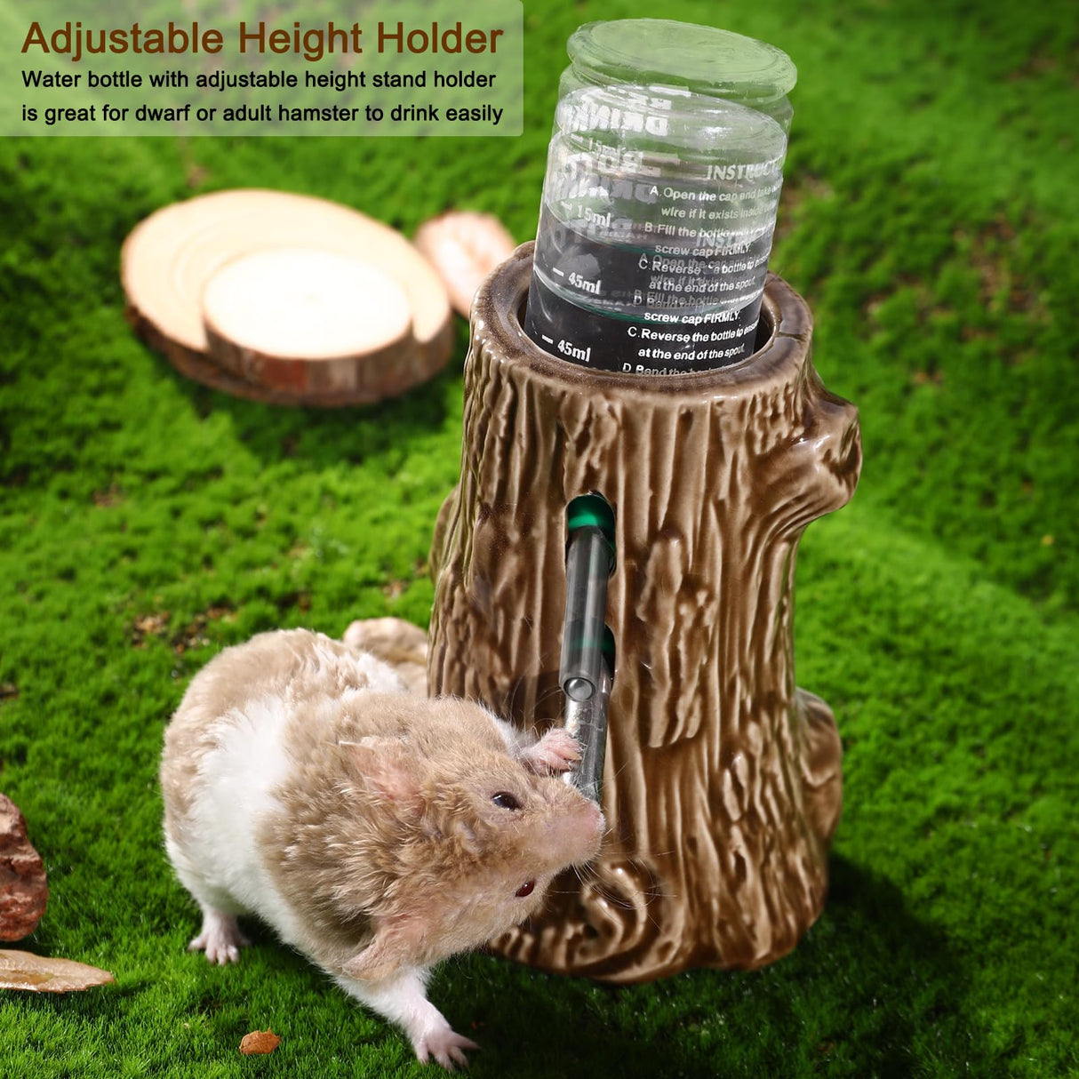 Zhilishu Hamster Water Bottle for Glass Tank, 3-in-1 Adjustable 80ML Gerbil Water Bottle with Stand Holder, Chew Proof Ceramic Water Dispenser for Dwarf Syrian Hamster Mice Rat
