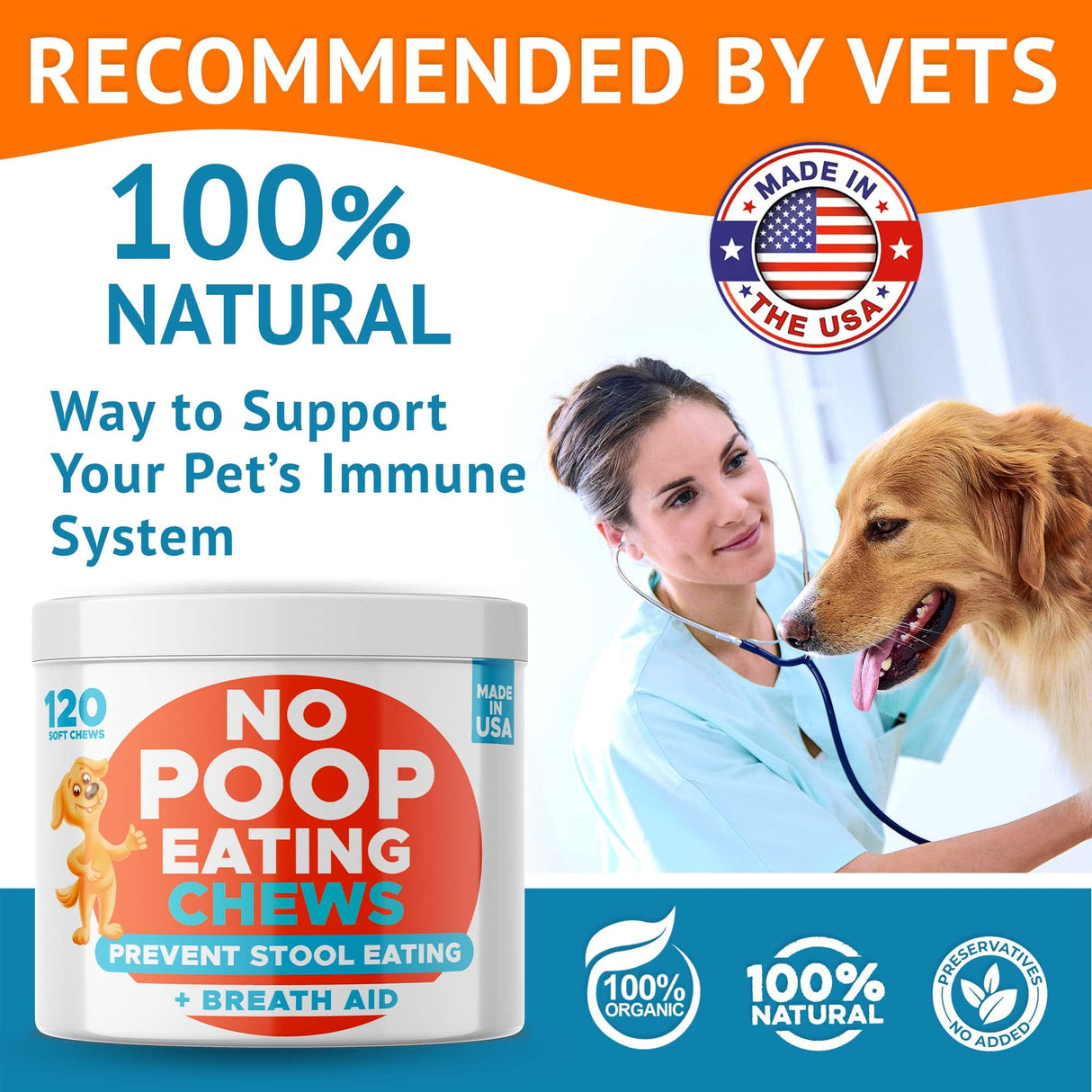 Chew No Poo - Coprophagia Treatment for Dogs - Prevent Dog Poop Eating - Natural Stool Eating Deterrent + Breath Aid - Probiotics & Digestive Enzymes - Boosts Gut Health - Made in USA - 120 Soft Chews