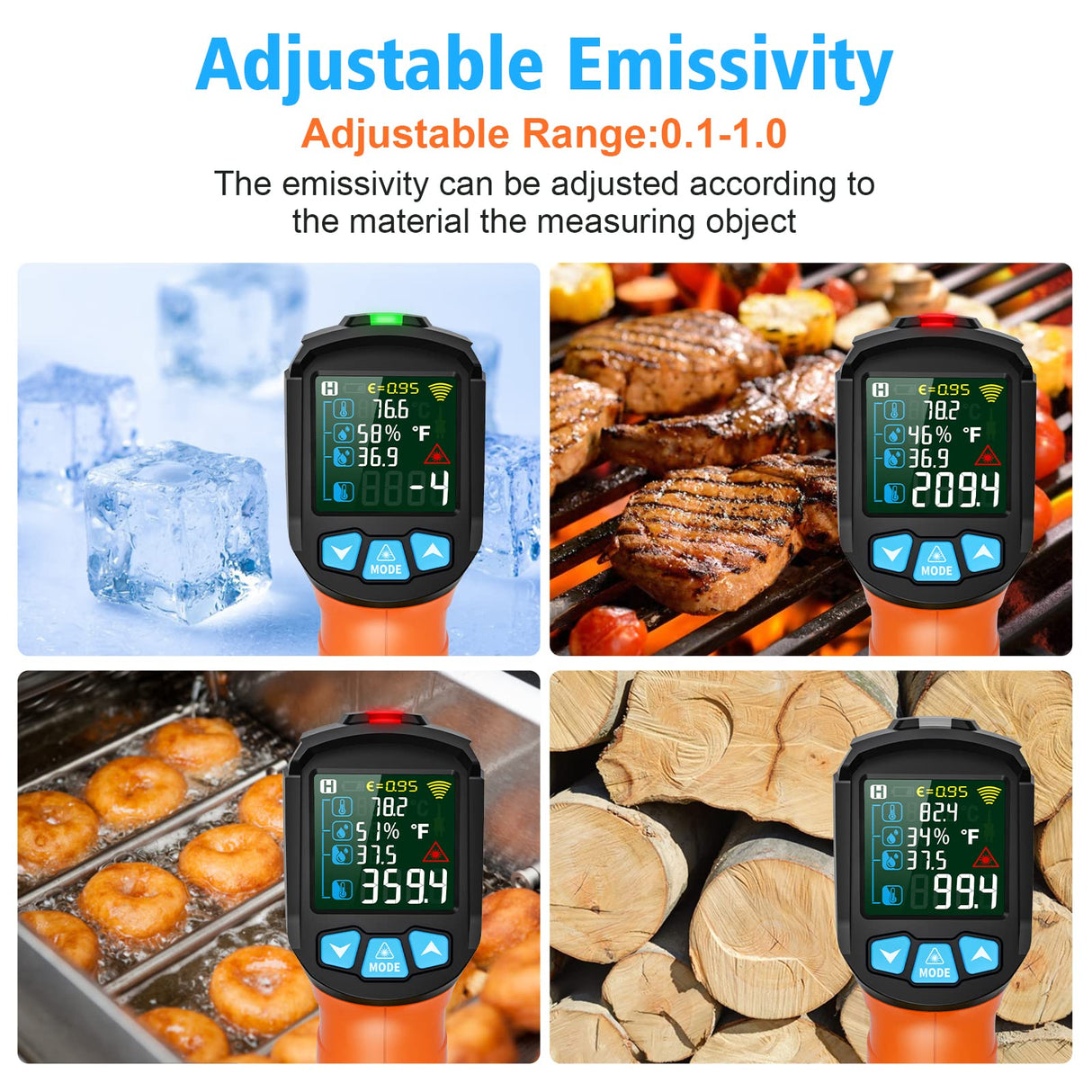 MESTEK Infrared ThermometerTemperature Gun with K Probe Digital Laser IR Thermometetr Temp Gun -58℉~1472℉ Color LCD Screen Alarm Function Adjustable Emissivity for Cooking Grill Pizza Oven