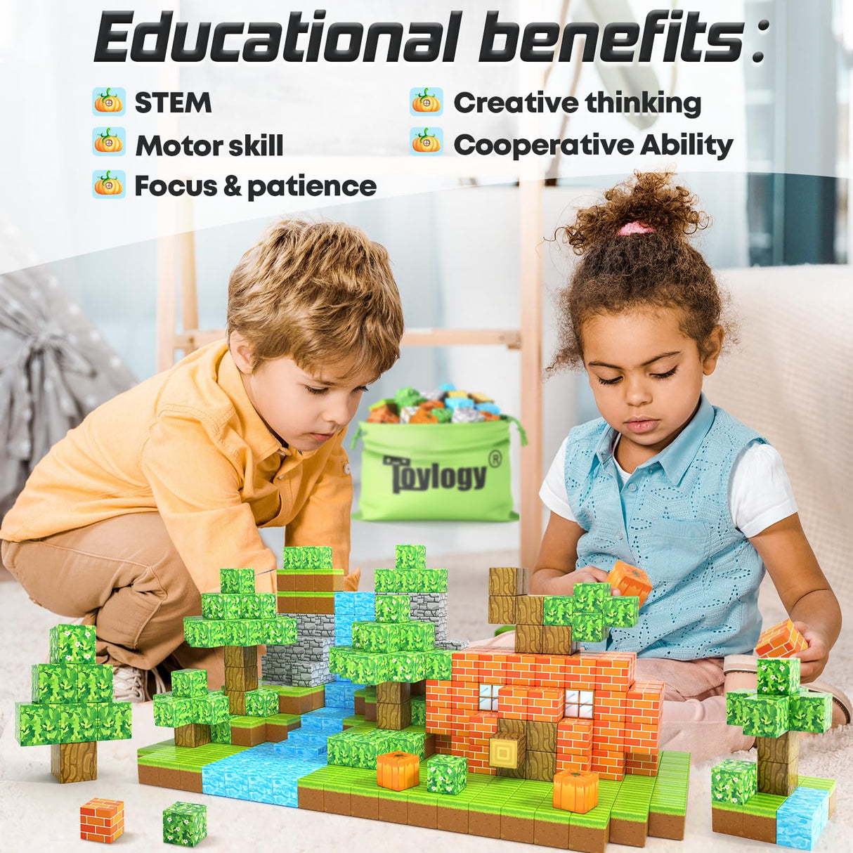 Magnetic Blocks-Build Mine Magnet World Pumpkin Edition Kids Games Toys for Boys Girls 3+ Years Old Magnetic STEM Construction Toys Ages 4-6 6-8 5-7 for Halloween Birthday Gifts