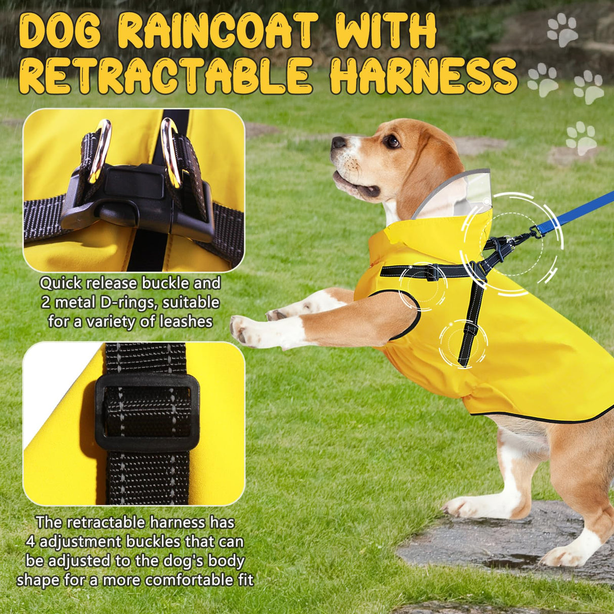 Dog Raincoat: Dog Rain Jacket with Reflective Harness & Removable Hood | Waterproof Dogs Rain Coat Poncho for Large Medium Small Dogs Puppies (Yellow - M)