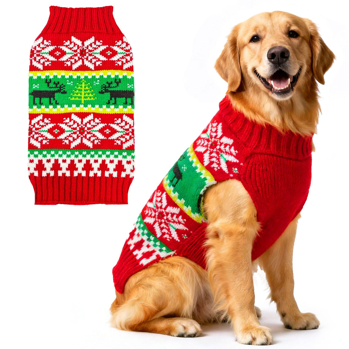 ABRRLO Dog Christmas Sweater Xmas Dogs Outfits New Year Holiday Costumes Puppy Cat Sweater with Leash Hole for Small Medium Large Dogs Girl Boys Dog Clothes (11-Red Green Reindeer, XX-Large)